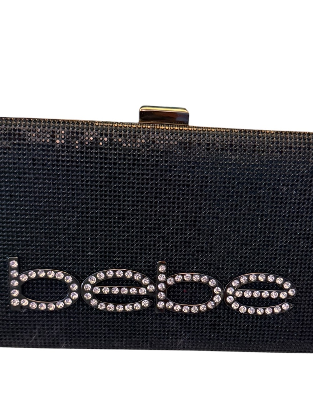 bebe Black Crystal-Logo Embellished Evening Clutch